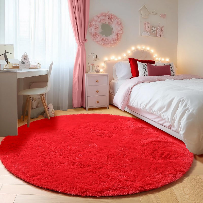 ONASAR Red Round Area Rug 4ft, Soft Bedroom Circle Rugs Floor Mat for Kids Girls Teen Room, Kawaii Fluffy Plush Shaggy Carpet for Nursery Living Room Playroom Christmas Home Decor Princess Castle - Image 4